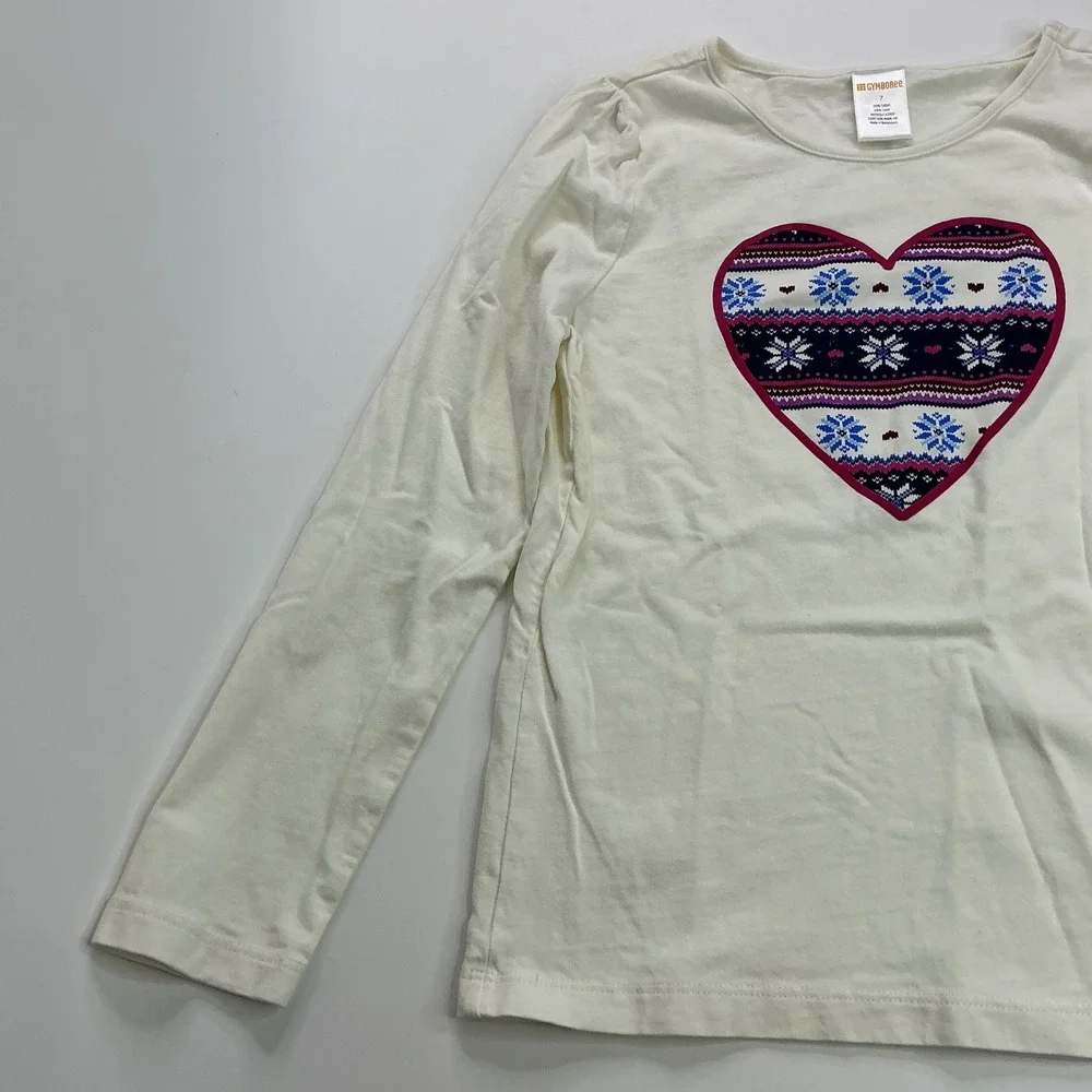 Gymboree Cream Heart Graphic Top Kids Size 7 Fair Isle Long Sleeve Tee